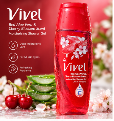 Vivel Shower Gel with Vitamin E - 200ml Red Aloe Vera & Cherry Blossom Scent Moisturizing - Made in India